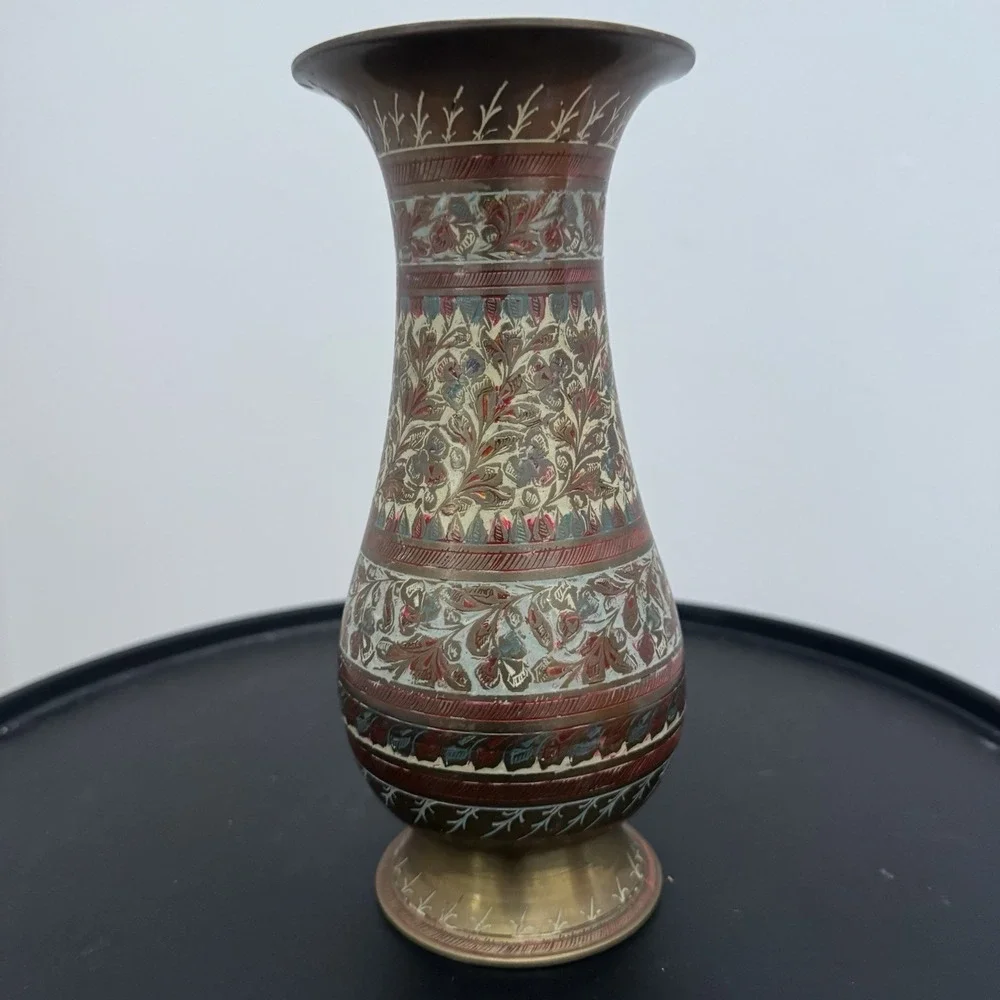 Vintage Indian Etched Brass Vase‎ Blue Red Enamel Floral Mughal Boho Decor